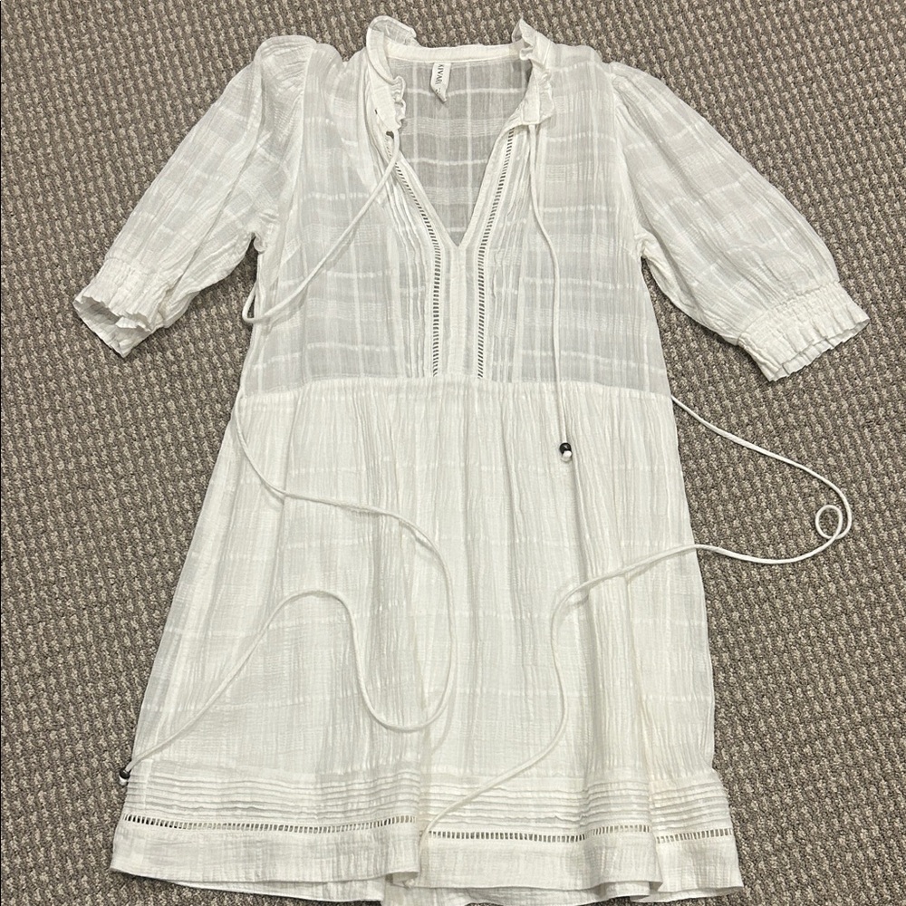 Kivari White Sheer Gauze Ruffle-Neck Dress